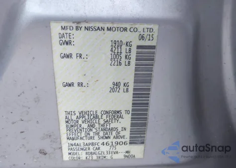 2015 Nissan Altima 2.5 S from USA, damaged, VIN 1N4AL3AP8FC461906